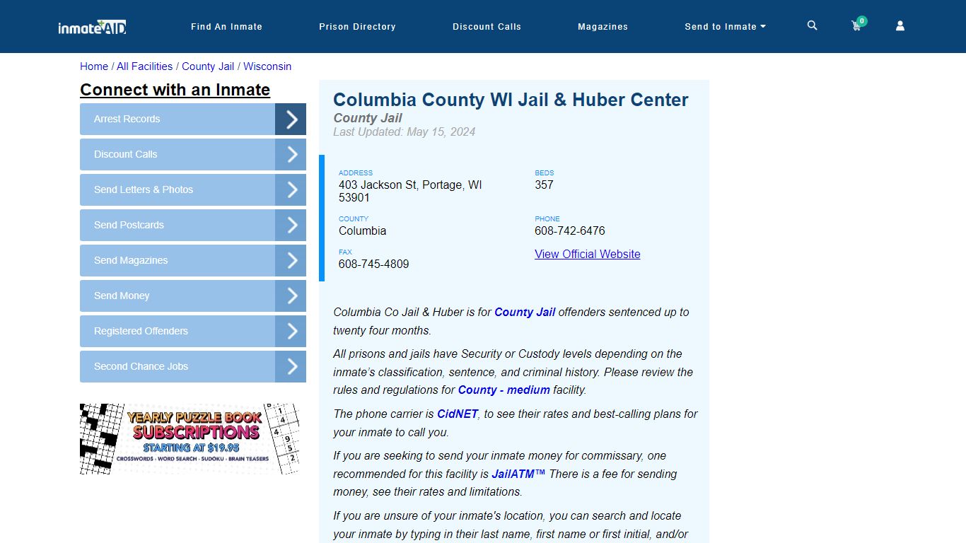 Columbia County WI Jail & Huber Center - Inmate Locator